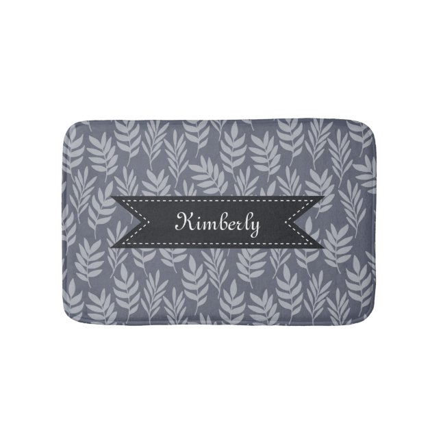 Slate Grey Leaves Elegant Pattern With Luxe Name Bath Mat (Front)