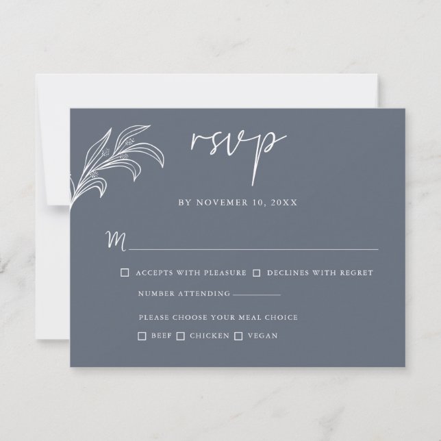 Slate Grey Minimalist Foliage Wedding RSVP Card  (Front)