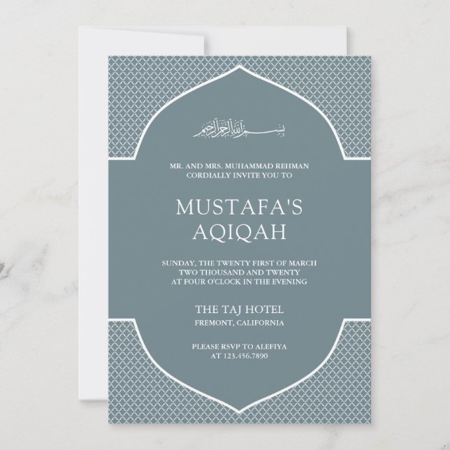 Slate Grey Moroccan Islamic Muslim Aqiqah Invitation (Front)