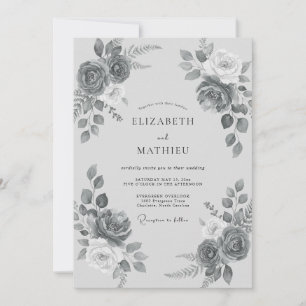 Slate Grey Romantic Floral Wedding Invitation