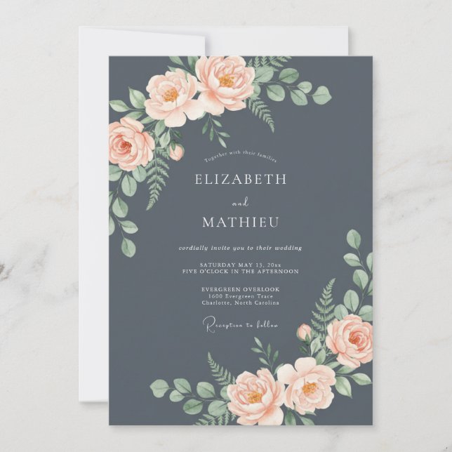 Slate Grey Romantic Rose Wedding Invitation (Front)