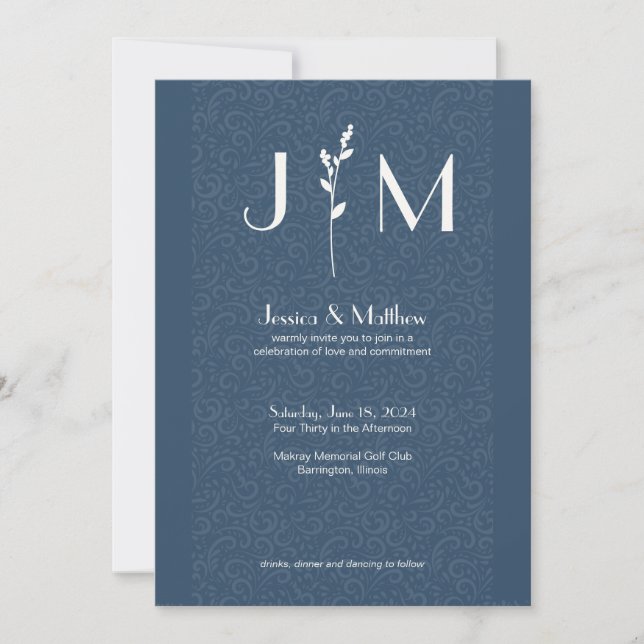 Slate Grey Rustic Damask All-in-One Wedding Invitation (Front)