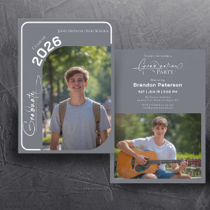 Slate Grey Simple Two Photo Graduation Party Invitation