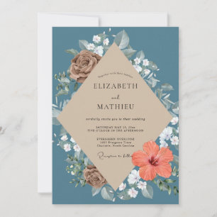 Slate Hibiscus Tropical Eucalyptus Wedding Invitation