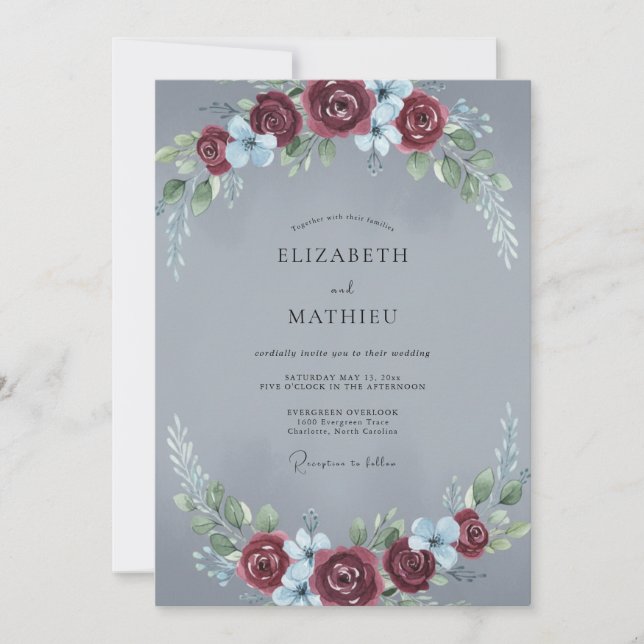 Slate Maroon Rose Wedding Invitation (Front)