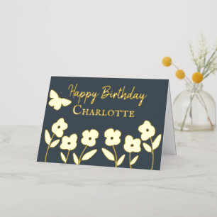 Slate Modern Flowers and Butterfly Custom Foil Greeting Card