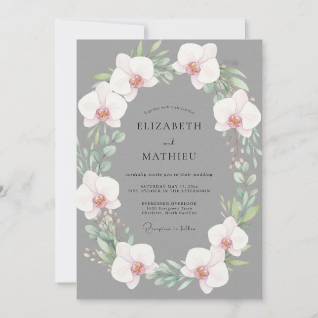 Slate Orchid Wreath Wedding Invitation (Front)