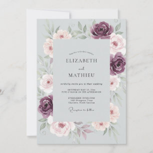 Slate Plum Ranunculus Muted Eucalyptus Wedding Invitation