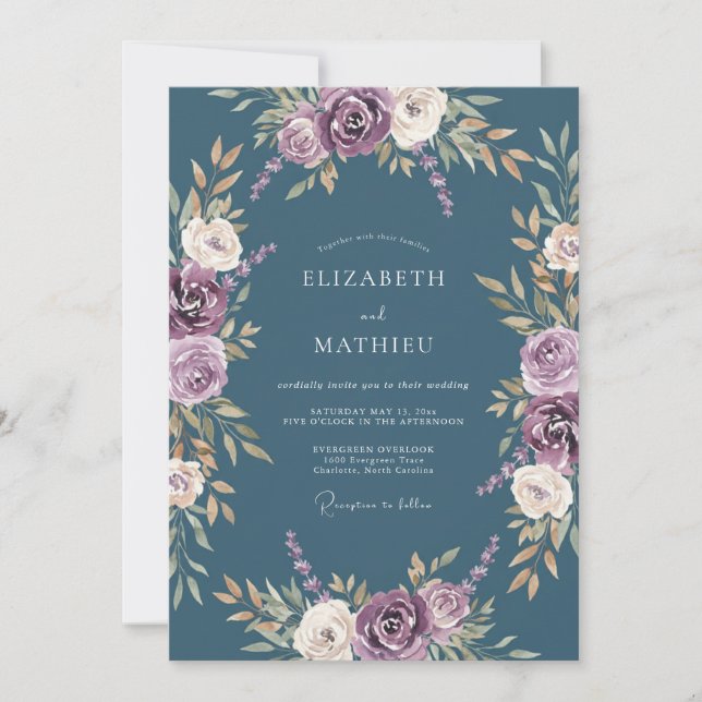 Slate Purple Blossom Romance Wedding Invitation (Front)
