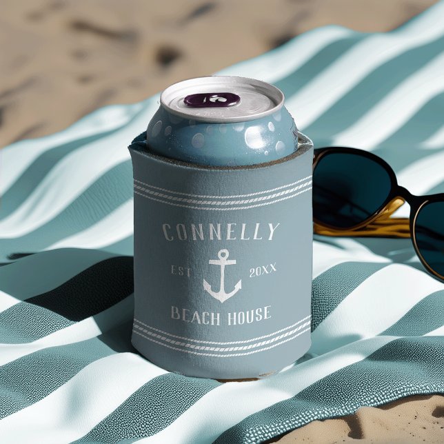 Slate Rustic Anchor Personalized Beach House Can Cooler (Creator Uploaded)