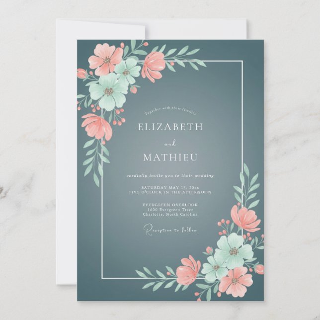 Slate Salmon Ranunculus Eucalyptus Wedding Invitation (Front)