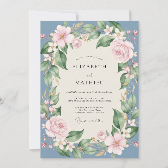 Slate Soft Pink Peony Wedding Invitation (Front)