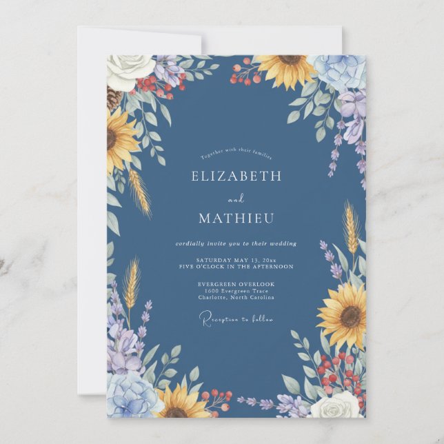 Slate Sunflower Wheat Eucalyptus Wedding Invitation (Front)