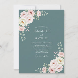 Slate Teal Elegant Watercolor Wedding Invitation
