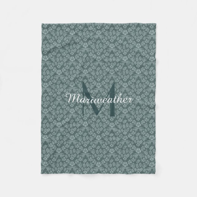 Slate Teal Floral Damask Fleece Blanket (Front)