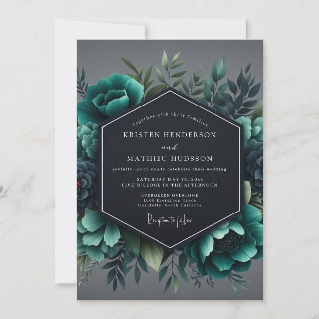Slate Teal Moody Flora Wedding Invitation (Front)