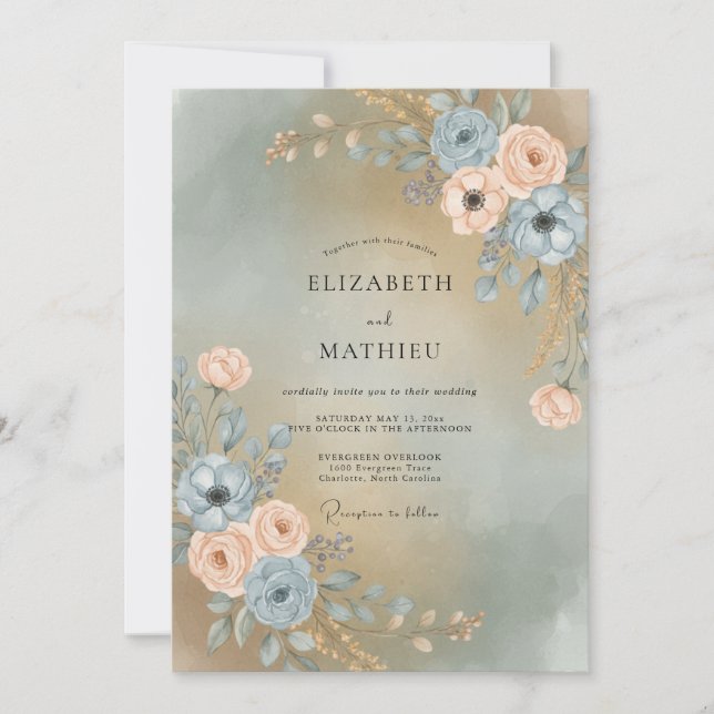 Slate Warm Champagne Peony Wedding Invitation (Front)