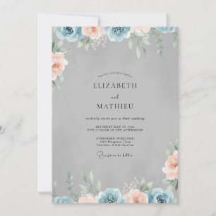 Slate Warm Peach Peony Wedding Invitation