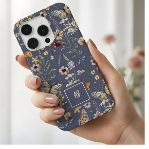 Slate Watercolor Wildflowers Floral Monogrammed iPhone 15 Pro Case
