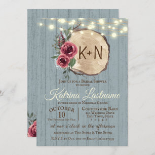 Slate Wood Tree Slice Rustic String Lights Wedding Invitation