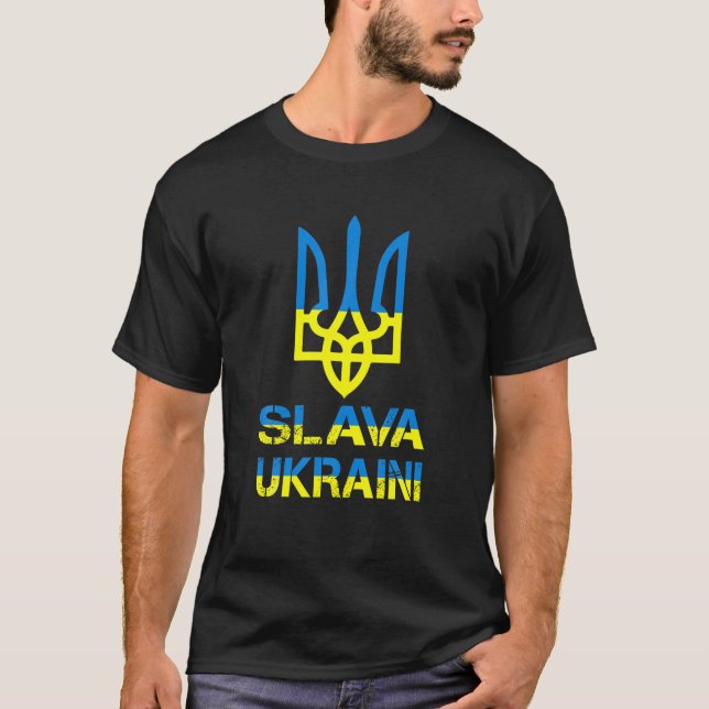 Slava Ukraini Glory To Ukraine Flag Colour Trident T-Shirt (Front)