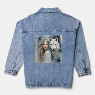Slavic girl and white Wolf  Denim Jacket