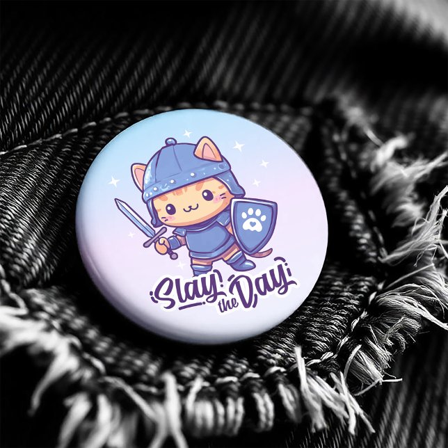 Slay The Day 1 Inch Round Button (Suit up with this purr-fectly fierce warrior cat design 🐾🛡️ )