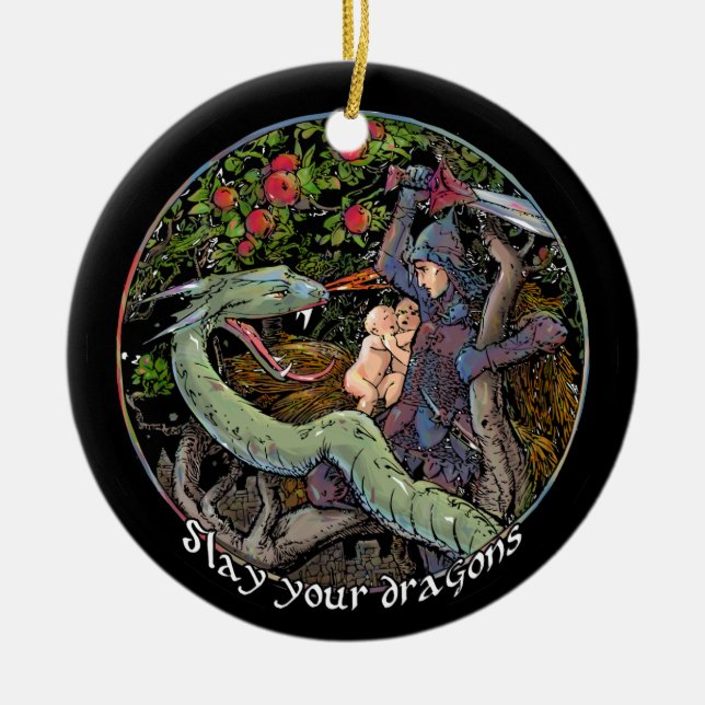 SLAY YOUR DRAGONS, Medieval art,Jordan Peterson Ceramic Ornament (Front)