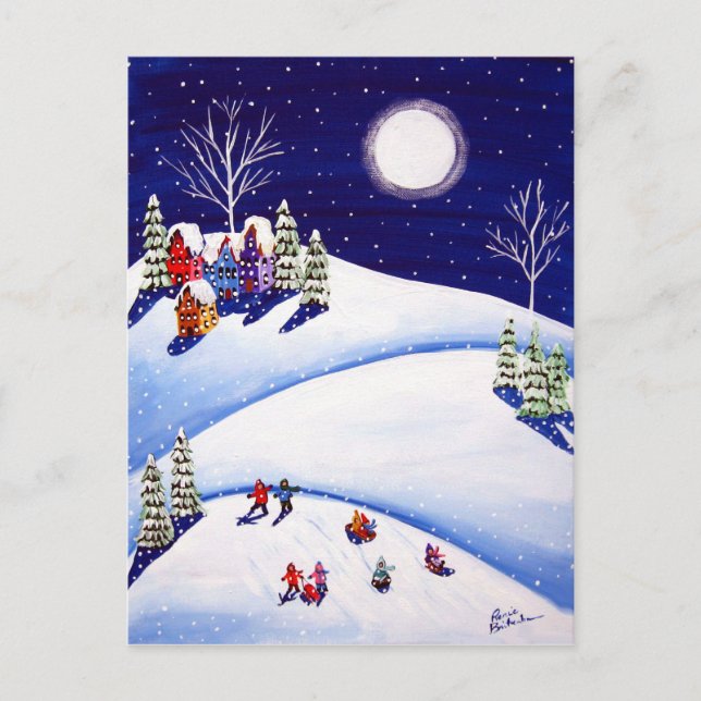 Sled Riders Under Moon Winter Folk Art Post Cards (Front)