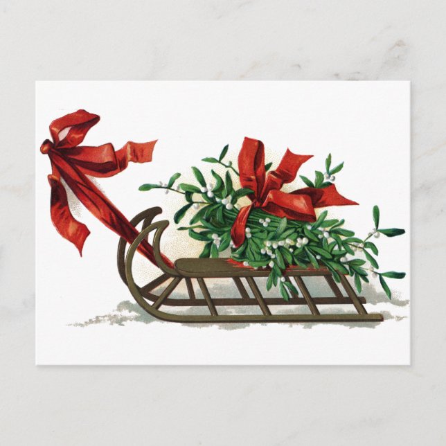 Sled with Bunch of Mistletoe Tied in Red Ribbon Postcard (Front)