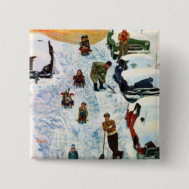 Sledding and Digging Out 2 Inch Square Button (Front)