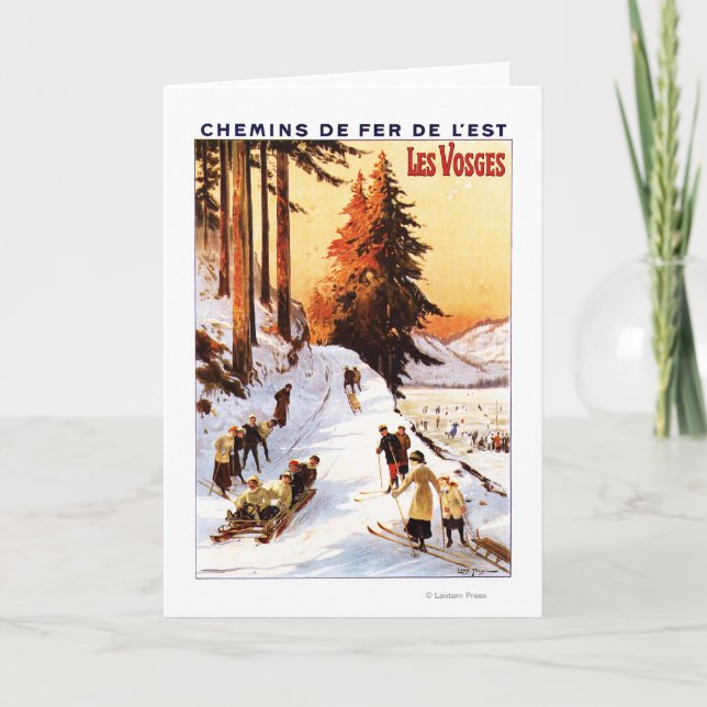 Sledding and Skiing at Vosges Poster Holiday Card (Front)