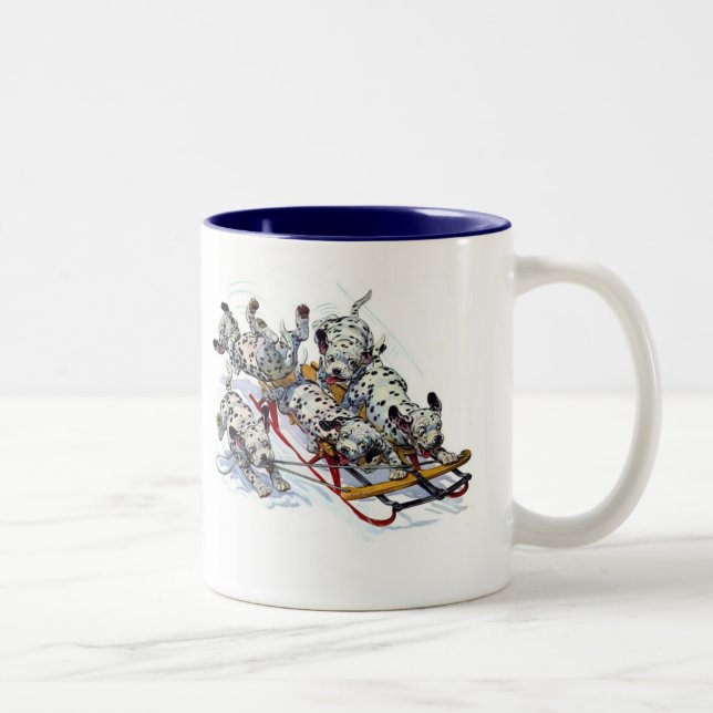 Sledding Dalmatian Pups Two-Tone Coffee Mug (Right)