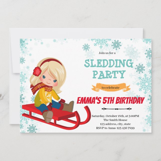 Sledding girl birthday invitation (Front)