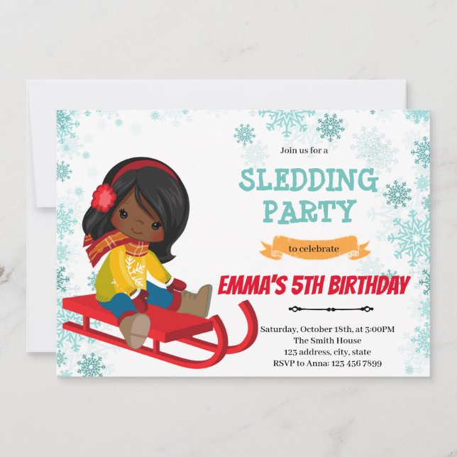 Sledding girl birthday invitation (Front)