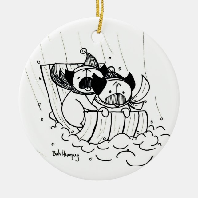 Sledding Pugs Ceramic Ornament (Front)
