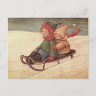 Sledding through the snow postcard