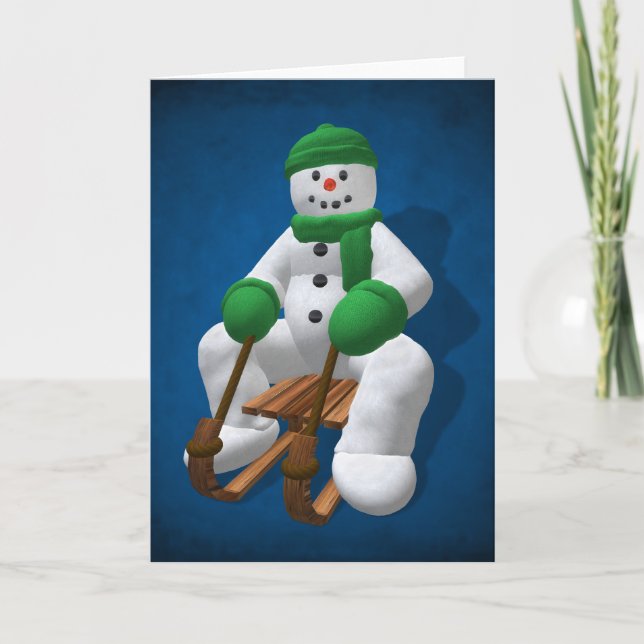 Sledding Vintage Snowman Holiday Card (Front)