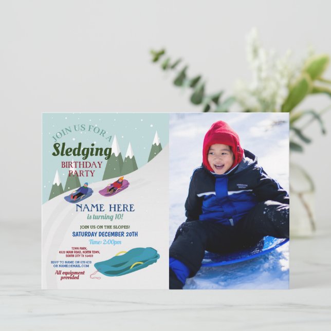 Sledging Birthday Party Slopes Snow Blue Sledge Invitation (Standing Front)