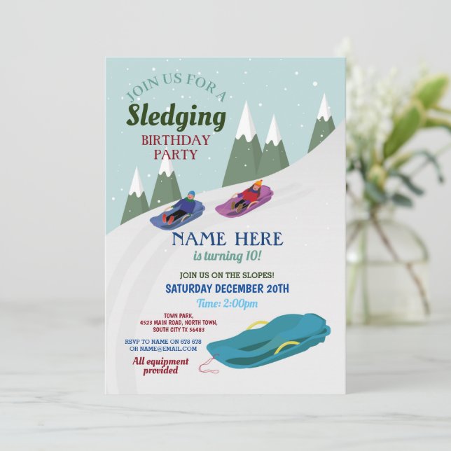 Sledging Birthday Party Slopes Snow Invitation (Standing Front)
