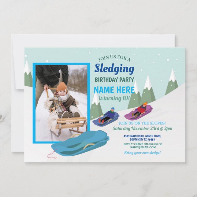 Sledging Boys Birthday Party Slope Snowboard Photo Invitation (Front)