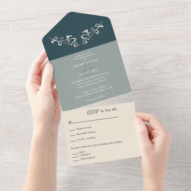Sleek and Modern Sliver Wedding All In One Invitation (Tearaway)