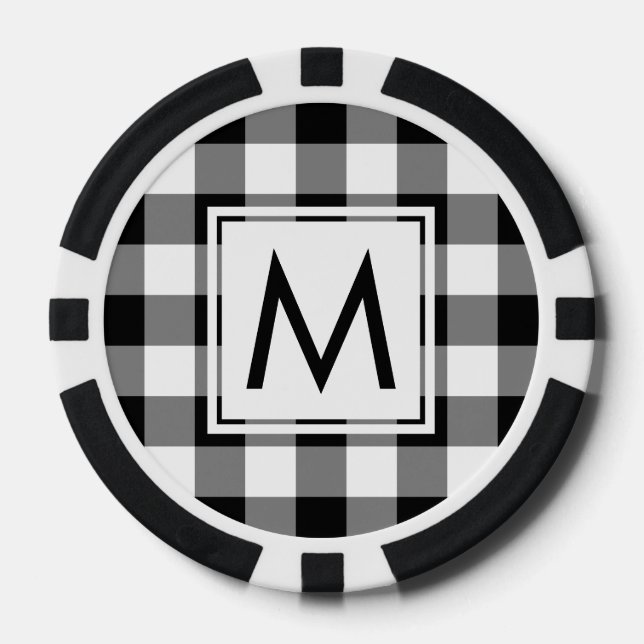 Sleek Black and White Buffalo Plaid with Monogram Poker Chips (Front)