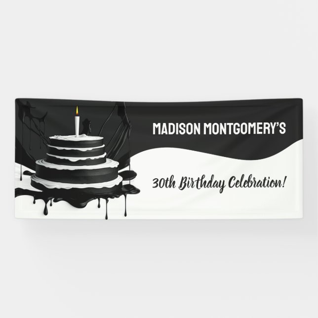 Sleek Black and White Theme Cake Birthday Party Banner (Horizontal)