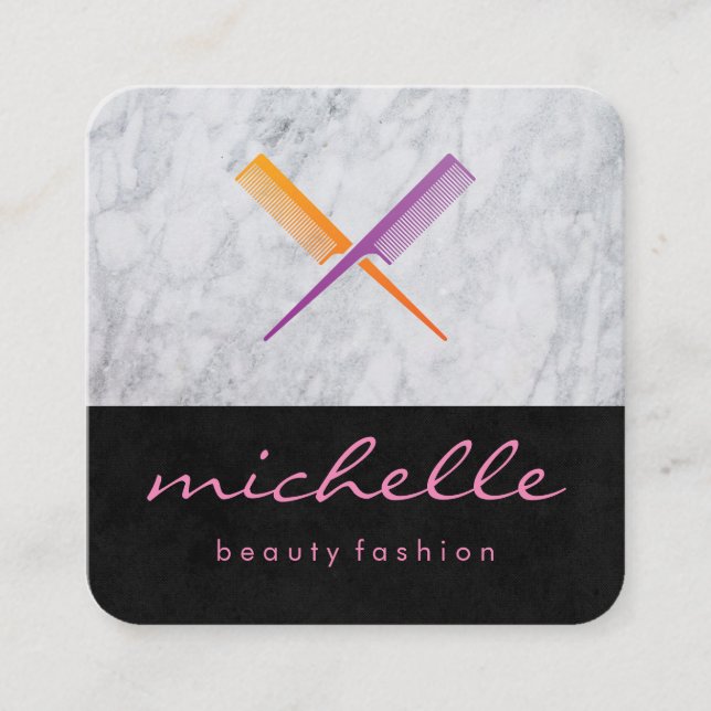 Sleek Black Crossed Comb and Marble Square Business Card (Front)