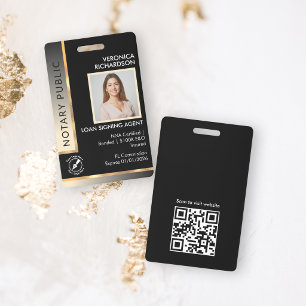 Sleek Black & Gold Cream QR Code Notary Photo ID Badge