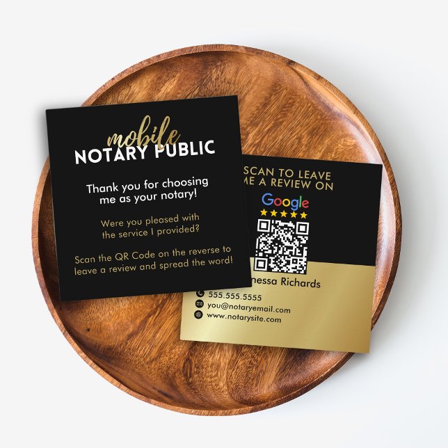 Sleek Black & Gold Google Review QR Code Notary  Square Business Card (Creator Uploaded)