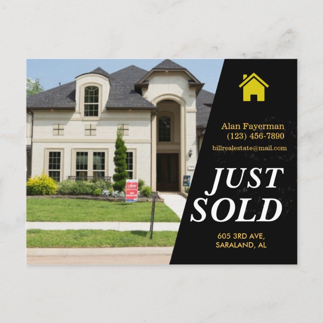 Sleek black Just Sold bold text real estate advert Postcard (Front)