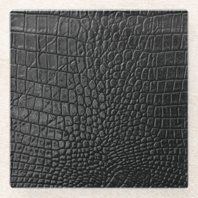 Sleek Black: Leather Texture Elegance Glass Coaster (Front)