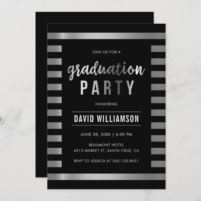 Sleek Black & Silver Stripes Graduation Party Invitation (Front/Back)